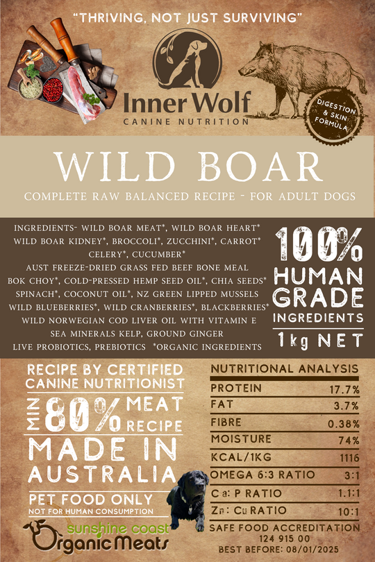 INNER WOLF Inner Wolf Wild Boar 1kg PRE ORDER BY MONDAY 3PM FOR WEDS/THURS