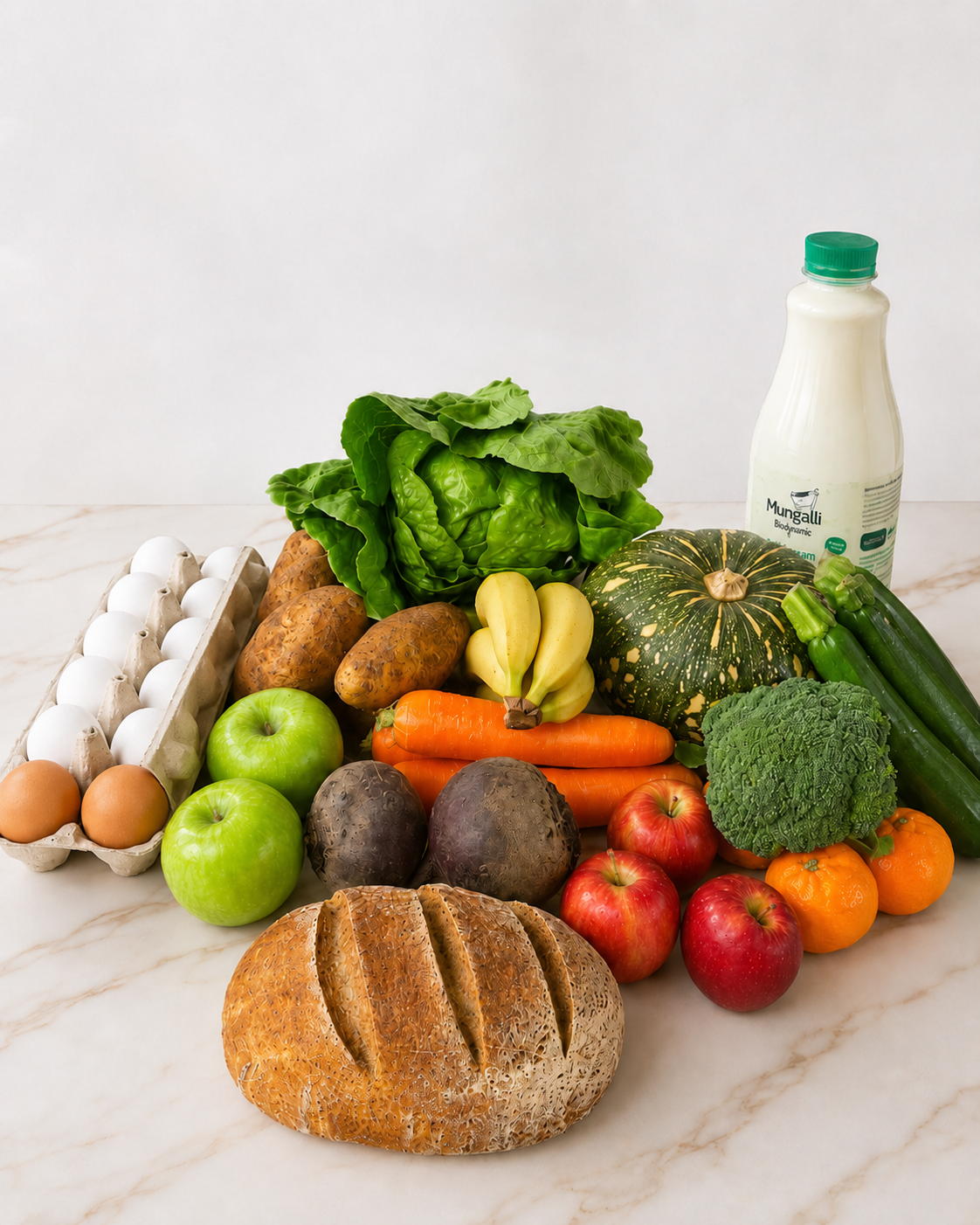 Weekly basics box  - bread, eggs, milk, Organic fruit and veg
